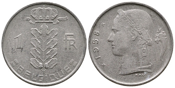 БЕЛЬГИЯ 1 ФРАНК 1958 BELGIQUE KM 142.1 медно-никель 4382-953