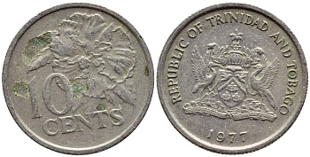Тринидад и Тобаго 10 центов 1977 цветок гибискуса KM 31 медно-никель 4396-859