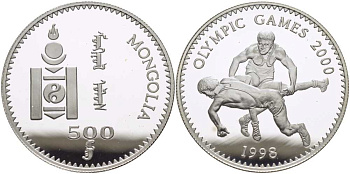 Монголия 500 тугриков 1998 XXVII летние Олимпийские игры 2000 года в Сиднее, борьба KM 156 серебро PROOF 1080-1-23