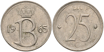 Бельгия 25 сантимов 1965 Belgie, Бодуэн I (1951-1993) KM 154.1 медно-никель 4564-136