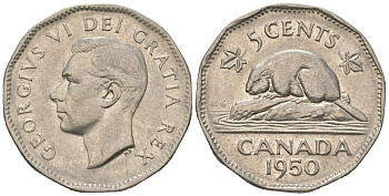 Канада 5 центов 1950 Георг VI (1936-1952), бобр KM 42 никель 4364-3045