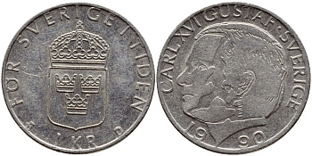 Швеция 1 крона 1990 Карл XVI Густав (1973- ) KM 852a медно-никель 4398-1256
