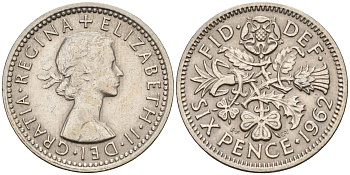 Великобритания 6 пенсов 1962 Елизавета II (1952-2022) KM 903, Spink 4149 медно-никель    4152-1211