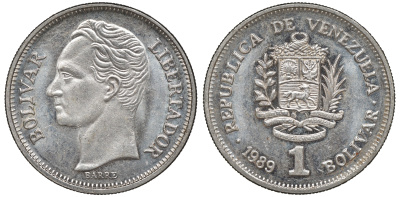 Венесуэла 1 боливар 1989 тонкий шрифт Y 52a.2 сталь плакированная никелем 4606-537