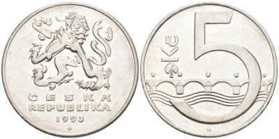 Чехия 5 крон 1993 чешский лев, Карлов мост KM 8 сталь плакированная никелем 117-743