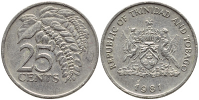 Тринидад и Тобаго 25 центов 1981 цветок дикая пуансеттия KM 32 медно-никель 4396-762