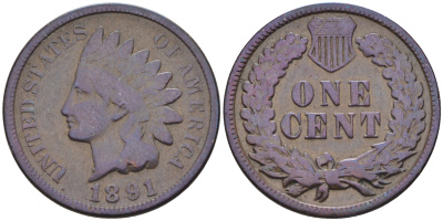 США 1 цент 1891 индеец, Indian head  бронза    4169-135