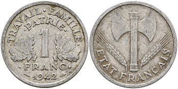 Франция 1 франк 1942 LB, тип Lourde, правительство Виши KM 902.1, Le Franc 222.2 алюминий 4142-856