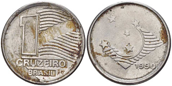Бразилия 1 крузейро 1990 KM 617 нержавеющая сталь 201-813