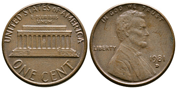 США 1 цент 1981 D, Линкольн KM 201 медь цинк    4608-361