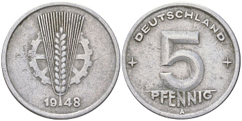 ГДР 5 пфеннигов 1948 A KM 2 алюминий 4613-938