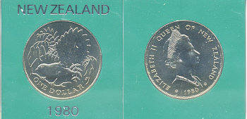 Новая Зеландия 1 доллар 1980 веерохвостка на ветке, Елизавета II (1952-2022), в оригинальной пластиковой упаковке KM 49 медно-никель UNC 3-4-9-21