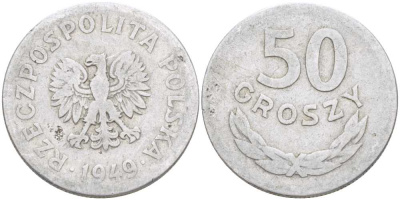 Польша 50 грошей 1949 KM 44а, Parchimowicz 209b алюминий 212-852
