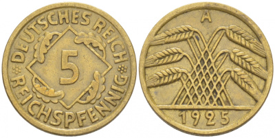 Германия 5 рейхспфеннигов 1925 A KM 39, J. 316, Weege 7 алюминиевая бронза 3955-651