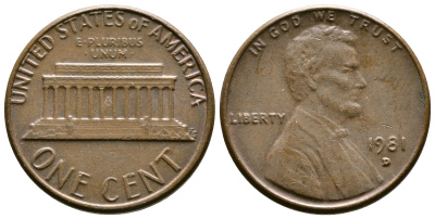 США 1 цент 1981 D, Линкольн KM 201 медь цинк    4608-361