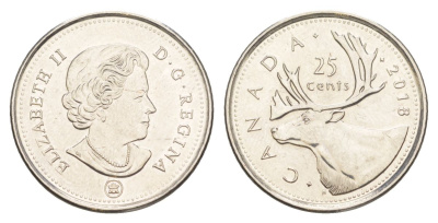 Канада 25 центов 2018 Leaf, Елизавета II (1952-2022), олень KM 2296 сталь плакированная никелем UNC 4631-737