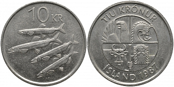 Исландия 10 крон 1987 РЫБЫ KM 29.1 медно-никель 181-643