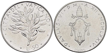 ВАТИКАН 50 ЛИР 1974 ГОД XII, ПАВЕЛ VI (1963-1978), ОЛИВКОВАЯ ВЕТВЬ KM 121 нержавеющая сталь 4519-346