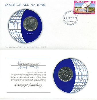 ТАНЗАНИЯ 1 ШИЛЛИНГ 1980 КОНВЕРТ С МАРКОЙ ПЕРВОГО ДНЯ ГАШЕНИЯ, COINS OF NATIONS KM 4 медно-никель UNC 4294-71-1