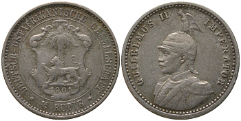 Немецкая Восточная Африка (Танзания) 1/4 рупии 1901 Ost-Africa, Вильгельм II (1888-1918) Jaeger 711, KM 3 серебро    413-1842