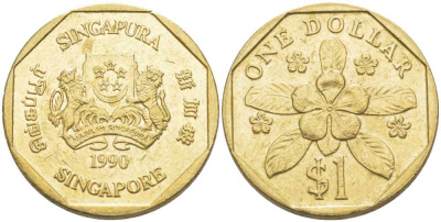Сингапур 1 доллар 1990 барвинок KM 54b алюминиевая бронза 4448-1153