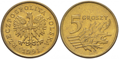 ПОЛЬША 5 ГРОШЕЙ 1991 MW KM 278 латунь 112-1162