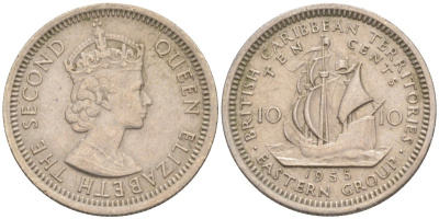 Британские Восточно-Карибские территории 10 центов 1955 Елизавета II (1952-2022), парусник KM 5 медно-никель 187-325