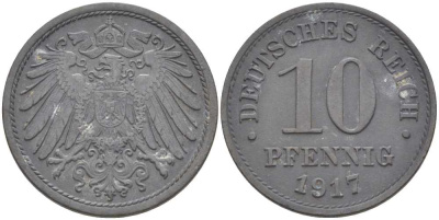 ГЕРМАНИЯ 10 ПФЕННИНГОВ 1917 KM 26, J.299, Weege 8 цинк 202-211