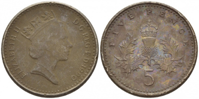 Великобритания 5 пенсов 1990 Елизавета II (1952-2022) KM 937b, Spink 4372 (D4) медно-никель 112-1147