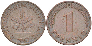 ФРГ 1 ПФЕННИГ 1967 F KM 105, J. 380 сталь плакированная медью 4181-544