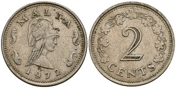 Мальта 2 цента 1972 Пентесилея, царица амазонок KM 9 медь цинк 4154-638