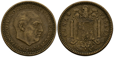 Испания 1 песета 1963 Франсиско Франко (1939-1975) KM 775 алюминиевая бронза 4176-315