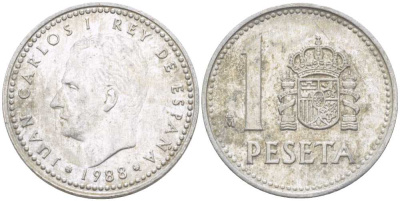 ИСПАНИЯ 1 ПЕСЕТА 1988 ХУАН КАРЛОС I (1975-) KM 821 алюминий 213-145
