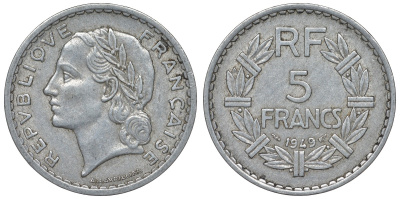 Франция 5 франков 1949 closed 9 KM 888b.1, Le Franc 339.17 алюминий 4123-534