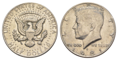 США 1/2 доллара (50 центов) 1981 P, Джон Кеннеди KM A202b медь плакированная медно-никелем aUNC 4517-532