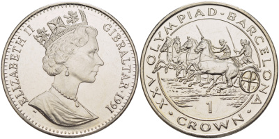 Гибралтар 1 крона 1991 XXV Олимпийские игры 1992 года в Барселоне, гонки на колесницах KM 67 медно-никель UNC 1084-8-43