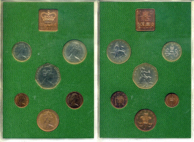 Великобритания официальный набор из 6 монет (1/2, 1, 2, 5, 10 и 50 пенсов) + жетон монетного двора 1975 в оригинальной пластиковой упаковке KM PS31 (911, 912, 913, 914, 915 и 916) PROOF 3-6-4-01