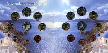 Греция набор из 8 евромонет + жетон 2009 в красочном буклете  биметалл  UNC 1-6-1-02