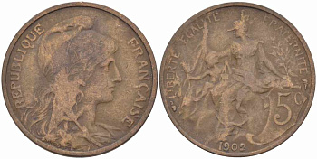 ФРАНЦИЯ 5 САНТИМОВ 1902 ТИП ДАНИЭЛЬ ДЮПЮИ KM 842, LE FRANC 119.12 бронза 108-834