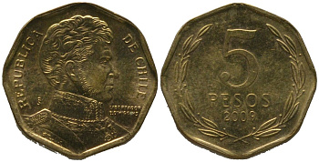 Чили 5 песо 2009 So KM 232, Schon 81 алюминиевая бронза UNC 4387-1267