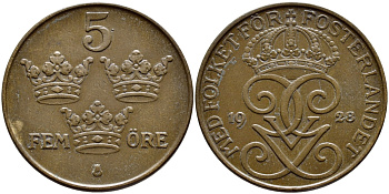 Швеция 5 эре 1928 Густав V (1907-1950) KM 779.2 бронза 4394-916