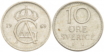 Швеция 10 эре 1969 U Густав VI Адольф (1950-1973) KM 835 медно-никель 211-1258