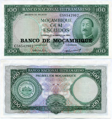 Мозамбик 100 эскудо 1961 (1976) надпечатка на 1961, Айрес де Орнелас  Pick 117 a бумага aUNC 435-41-2-1