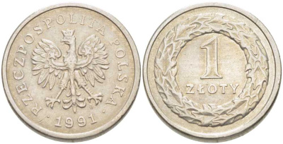 ПОЛЬША 1 ЗЛОТЫЙ 1991 MW KM 282 медно-никель 34-1125