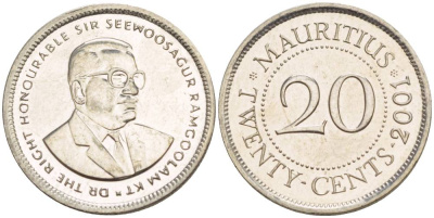 Маврикий 20 центов 2001 Сивусагур Рамгулам KM 53 сталь плакированная никелем 4544-255