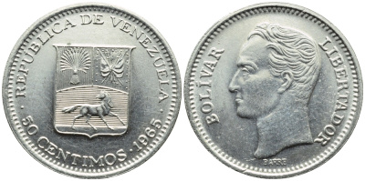 Венесуэла 50 сентимо 1965 Симон Боливар KM 41, Schon 51 никель 4392-1012