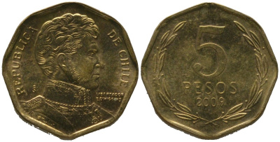 Чили 5 песо 2009 So KM 232, Schon 81 алюминиевая бронза UNC 4387-1267