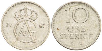 Швеция 10 эре 1969 U Густав VI Адольф (1950-1973) KM 835 медно-никель 211-1258