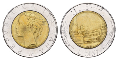 Италия 500 лир 1987 R, Квиринальский дворец в Риме KM 111 биметалл 186-1146