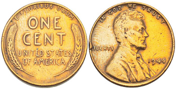 США 1 ЦЕНТ 1944 ЛИНКОЛЬН KM А132 медь цинк 3309-518